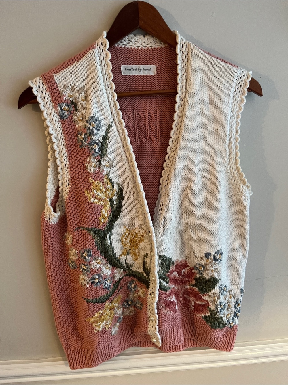Hand-Knitted Floral Pink & Cream Women's Vest Sweater